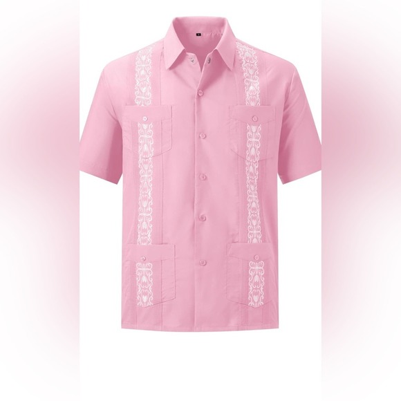 Other - Pink Collared Short Sleeve Shirt.‎ Guayabera with White Embroidery. Snap Buttons